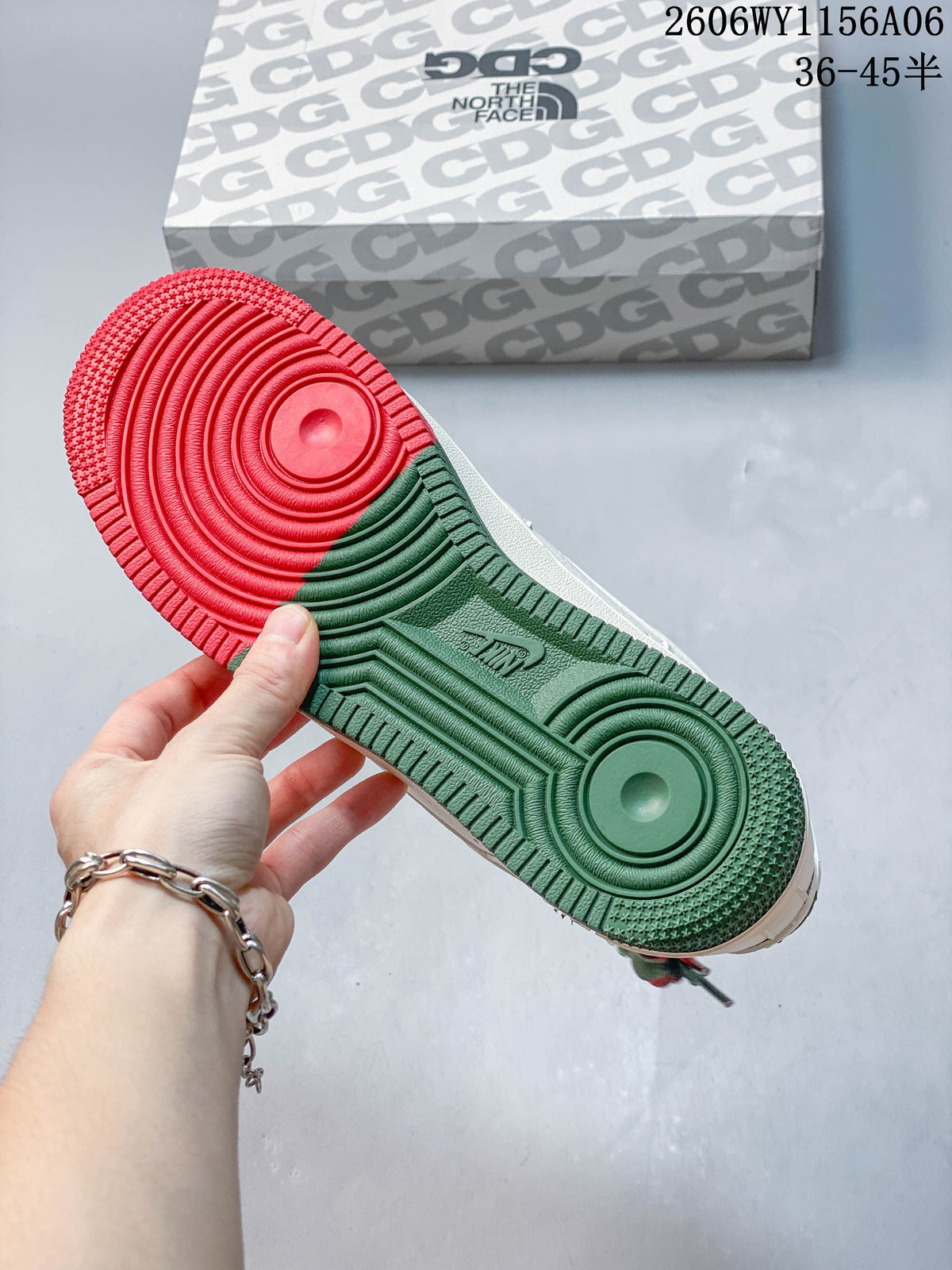 Red and green two-color outsole of a low-top sneaker