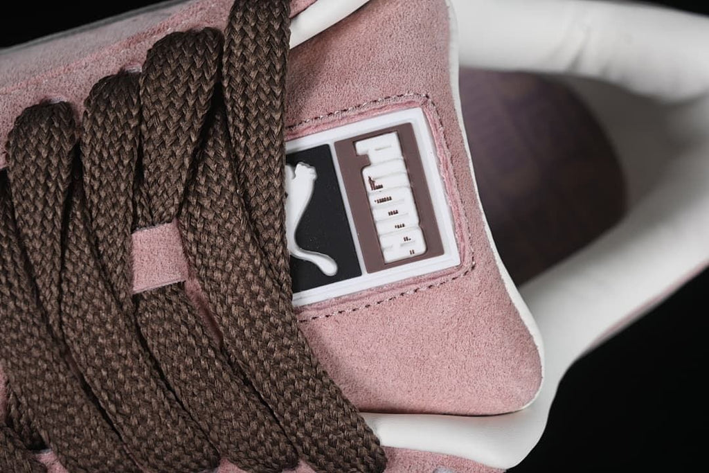 Close-up of the tongue label and dark brown laces.