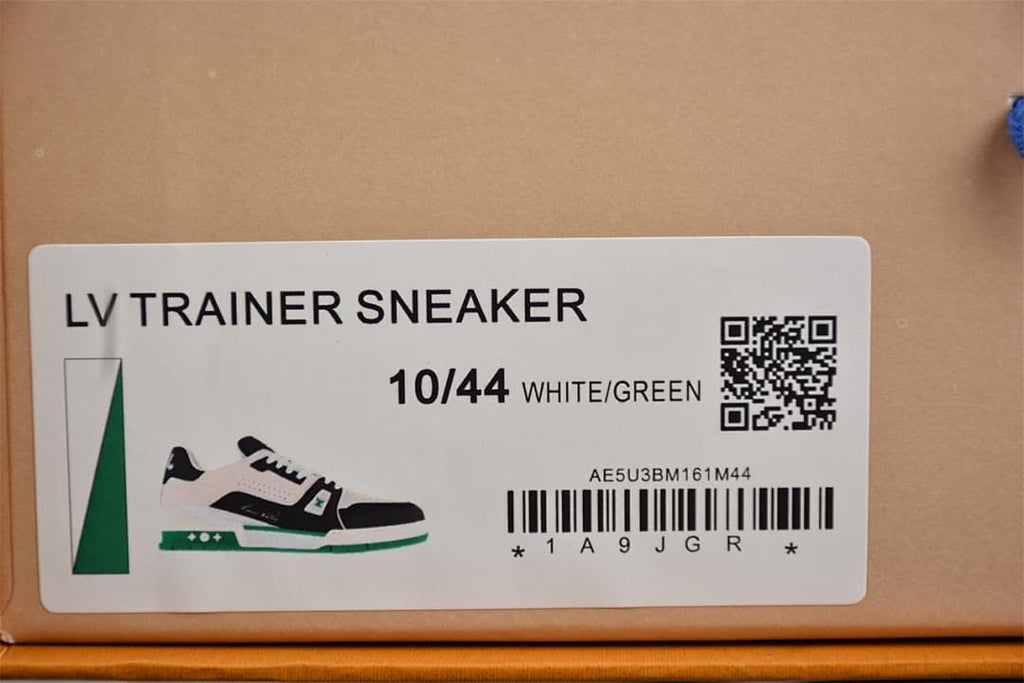 Box label reading LV Trainer Sneaker and 10/44 White/Green.