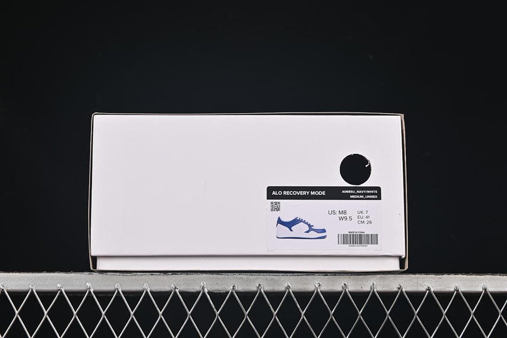 Shoebox label identifying Alo Recovery Mode in navy and white and showing the sample size