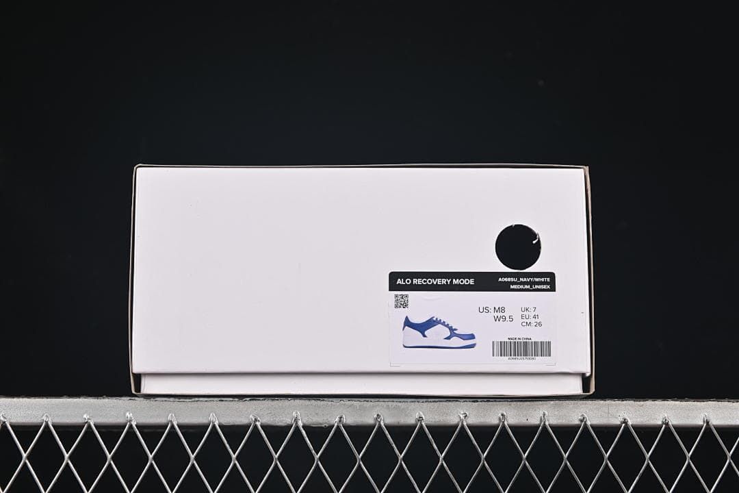 Shoebox label identifying Alo Recovery Mode in navy and white and showing the sample size