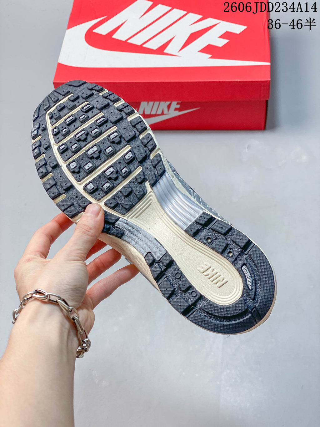 Close-up of the Nike P-6000 outsole with dark patterned tread