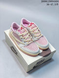 Pair of pink, white, and cream low-top sneakers displayed on a shoe box