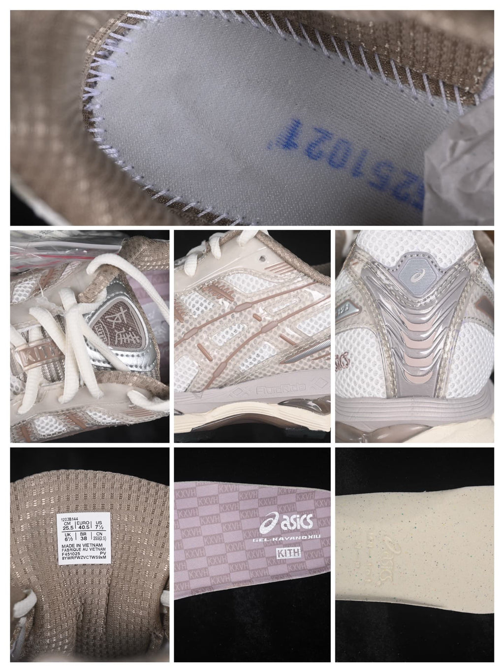 Detail collage showing the upper, tongue, heel, insole branding, outsole, and a photographed size label marked EU 40.5.