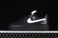 Side view of a black low-top Air Force 1 sneaker with a white Swoosh and Supreme heel detail