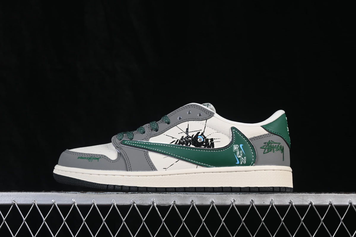 Side view of a gray, off-white, and dark green low-top sneaker with graphic side details.