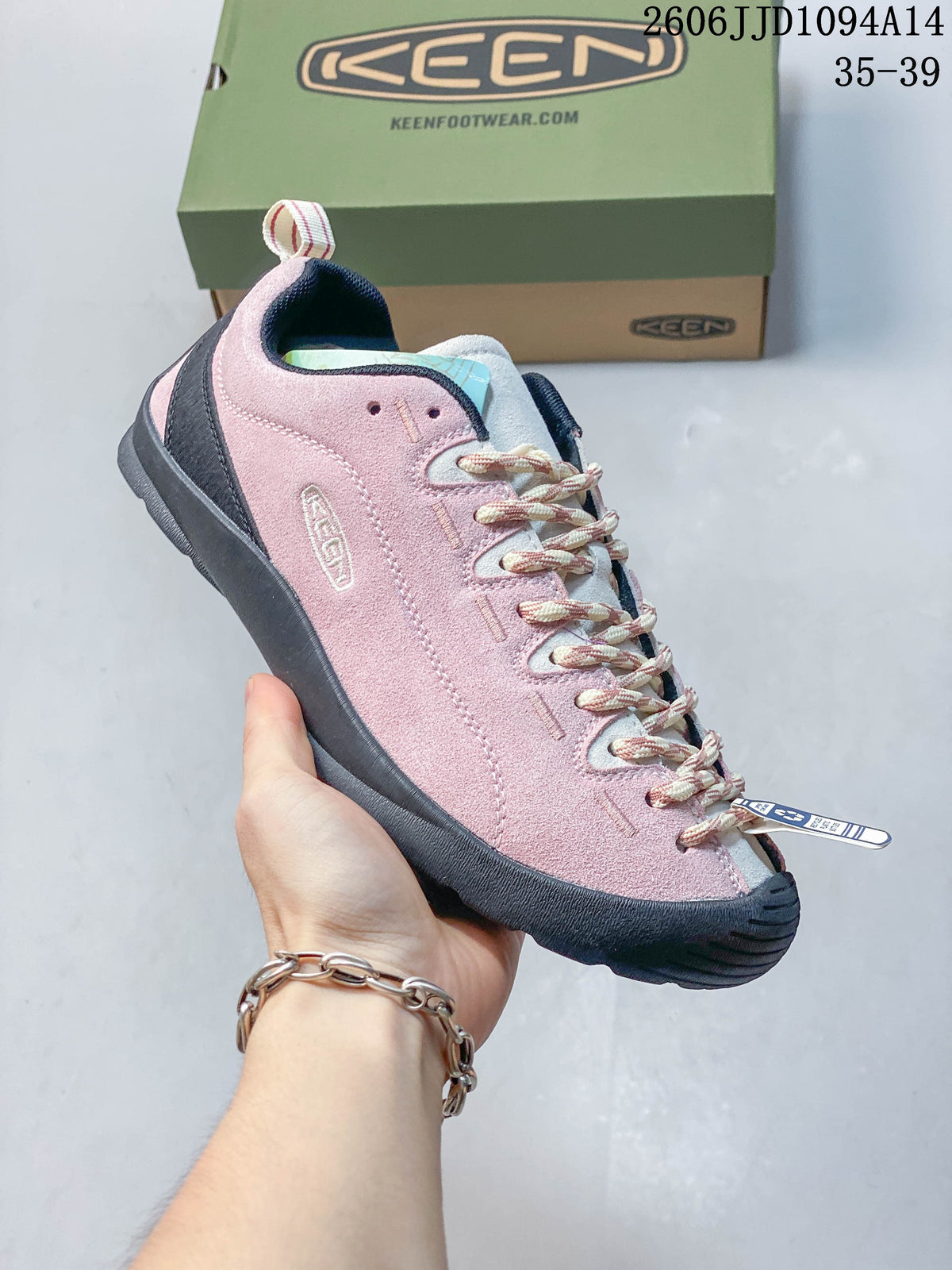 Side view of the pink KEEN Jasper sneaker with patterned laces