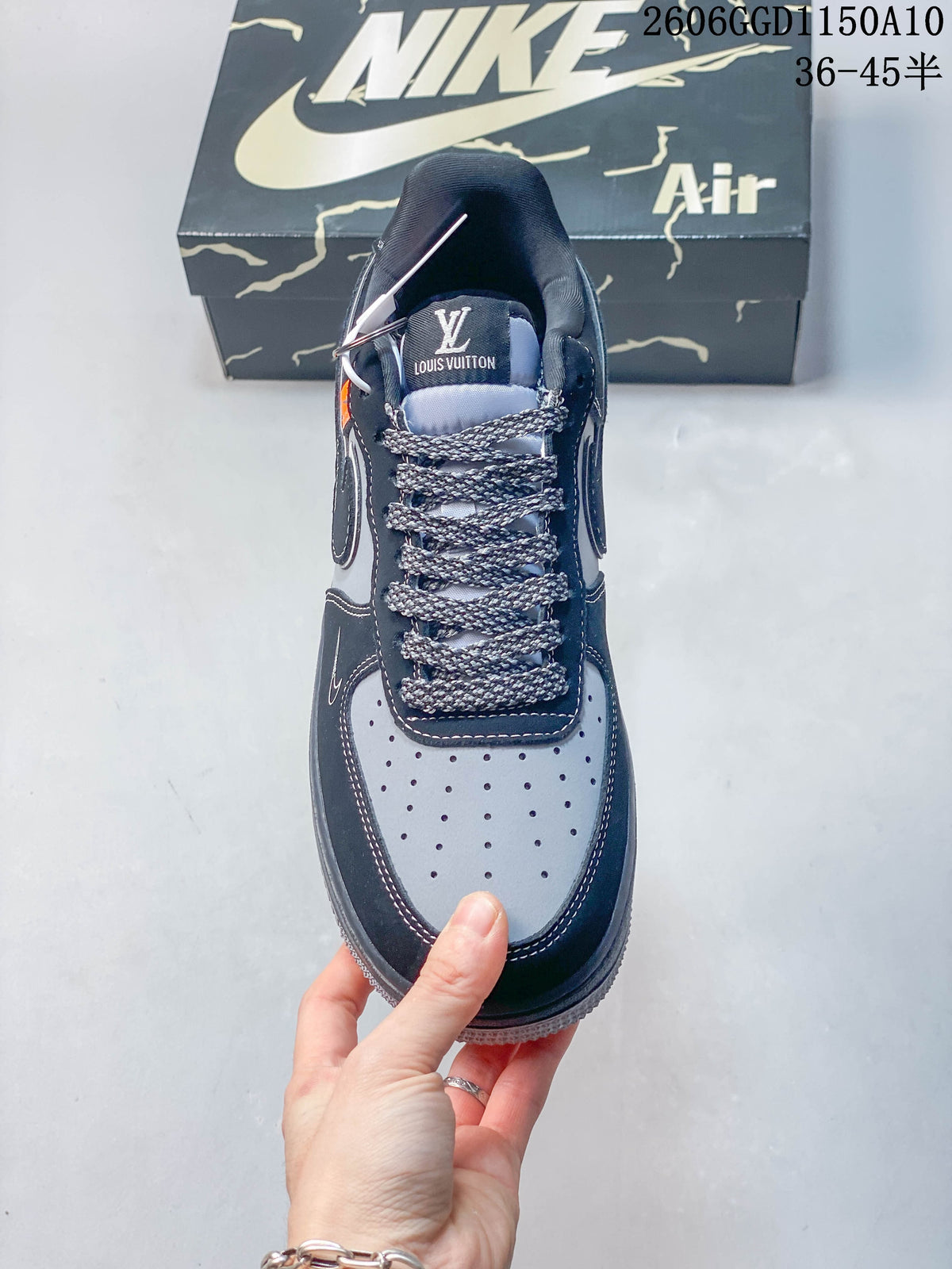 Top view showing the perforated gray toe, patterned laces and navy overlays