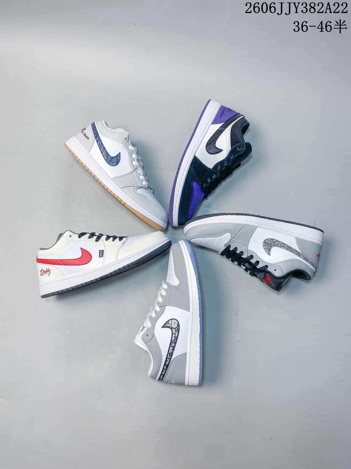 Five low-top sneaker color combinations arranged in a circle.