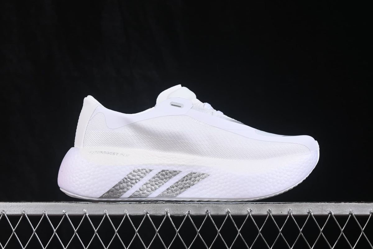 Opposite side view of the white Adidas HyperBoost Edge M shoe with silver branding and a raised sole.