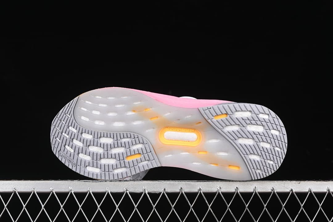 Underside view of the patterned outsole with translucent sections