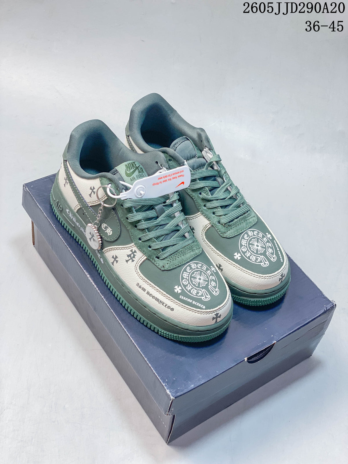 Pair of sage green and cream Nike Air Force 1 Shadow sneakers with decorative motifs and lace-up fronts