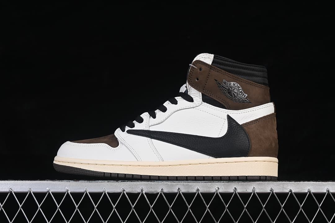 Side view of the brown, white, and black high-top sneaker
