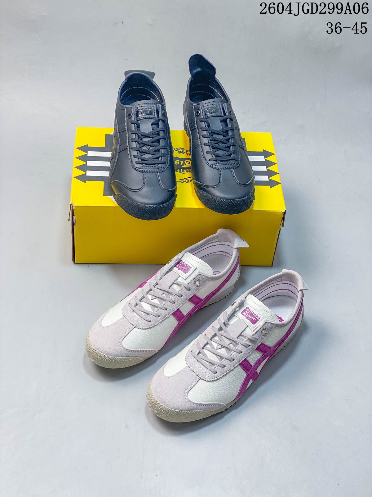 Dark gray and white-magenta Onitsuka Tiger sneakers shown together.