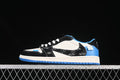 Side view of a blue, black and off-white low-top sneaker with patterned black overlays.