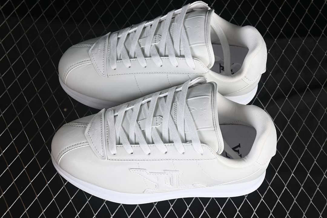 Pair of white low-top sneakers viewed from above