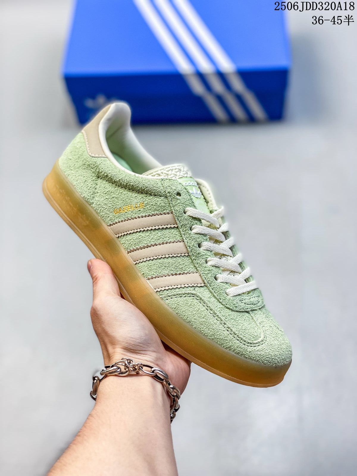 Pale green Adidas Gazelle 90 sneaker with cream stripes and a gum-style sole
