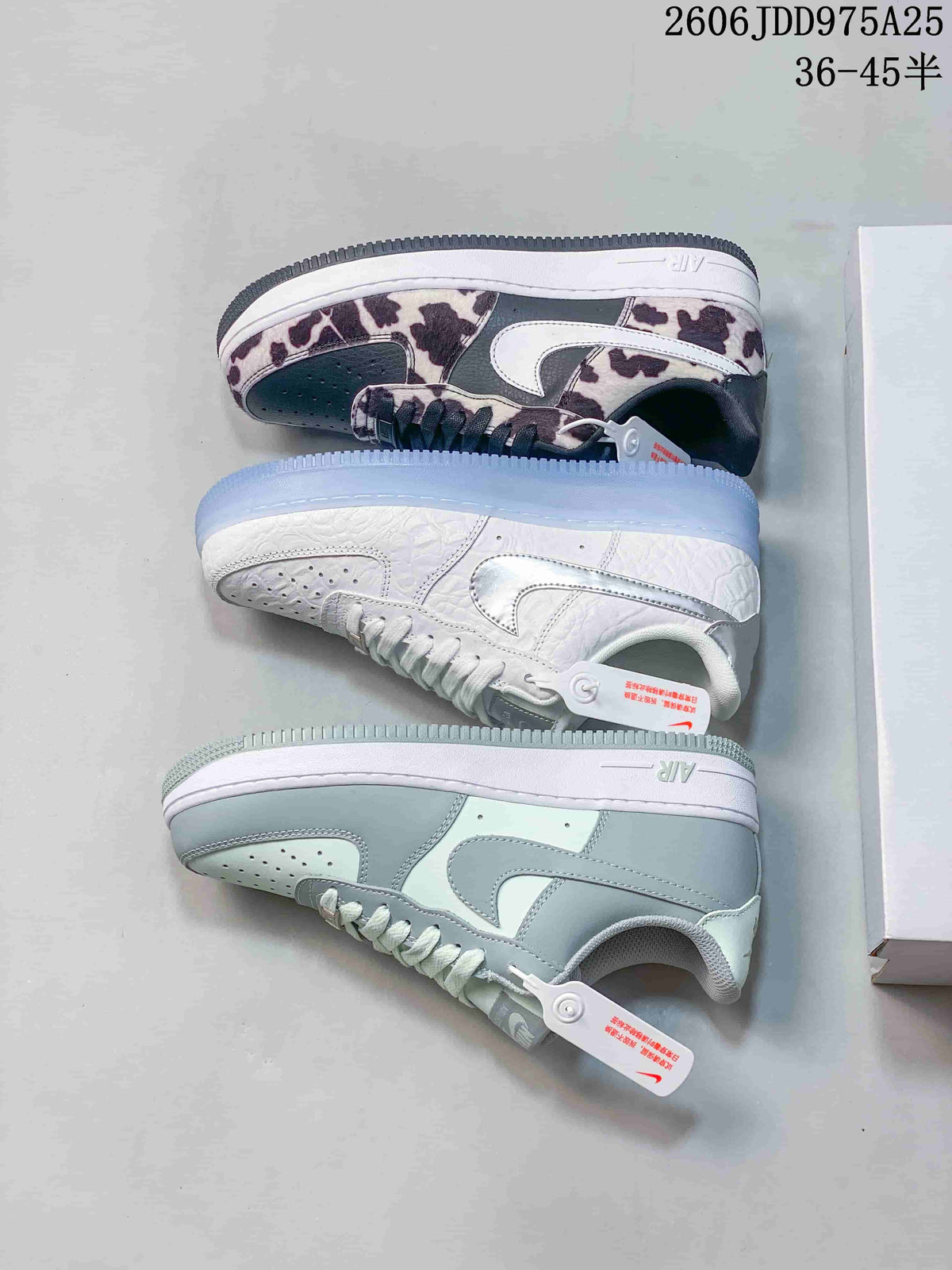 Three Nike Air Force 1 colorways shown side by side, including white and silver, light blue and white, and cow print.