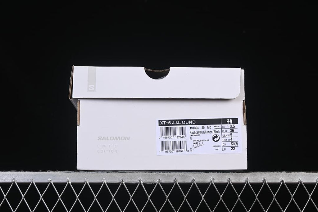 Shoe box label identifying the XT-6 JJJJound colorway and sample size