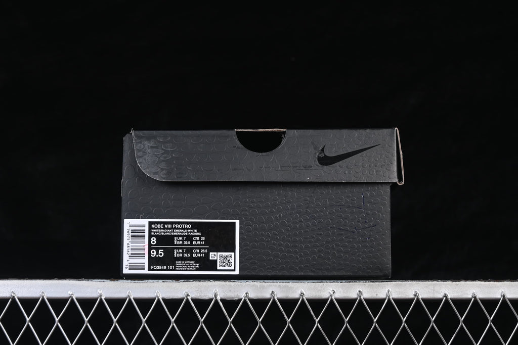 Shoe box label showing Kobe VIII Protro, style code FQ3549 101, and sample sizing