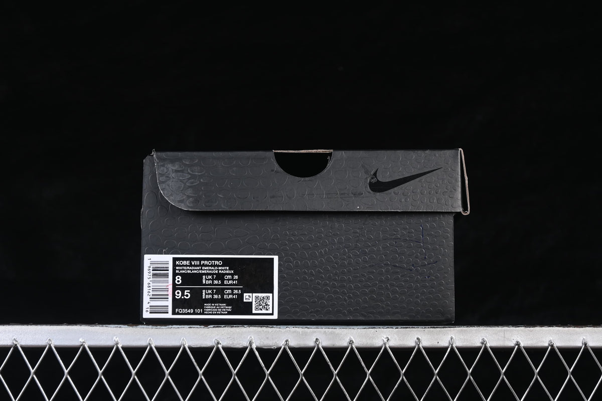 Shoe box label showing Kobe VIII Protro, style code FQ3549 101, and sample sizing