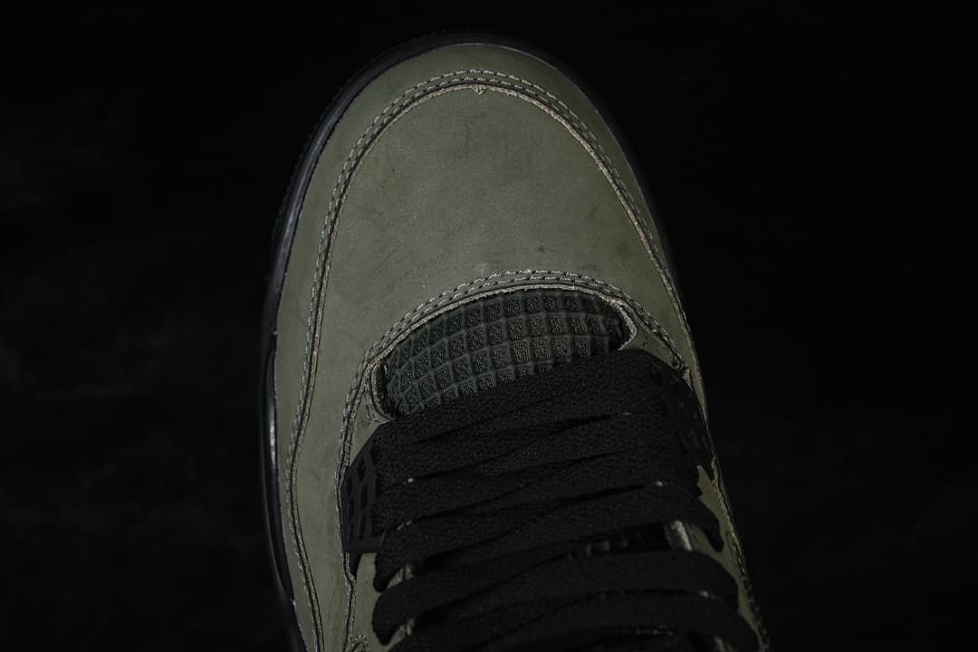 Top view of the olive toe and black laces