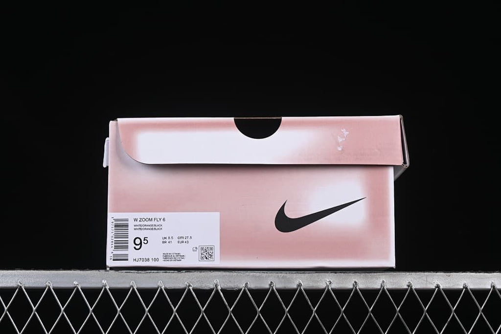 Shoe box label showing Nike Zoom Fly 6, style code HJ7038-100 and sample size