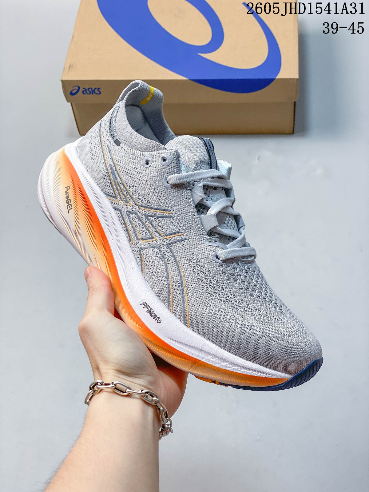 Side view of the gray ASICS GEL-NIMBUS 26 shoe with visible PureGEL and FF BLAST+ markings