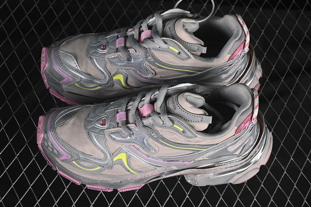 Pair of beige, gray, pink, and yellow Runner 2 Nylon sneakers viewed from above.