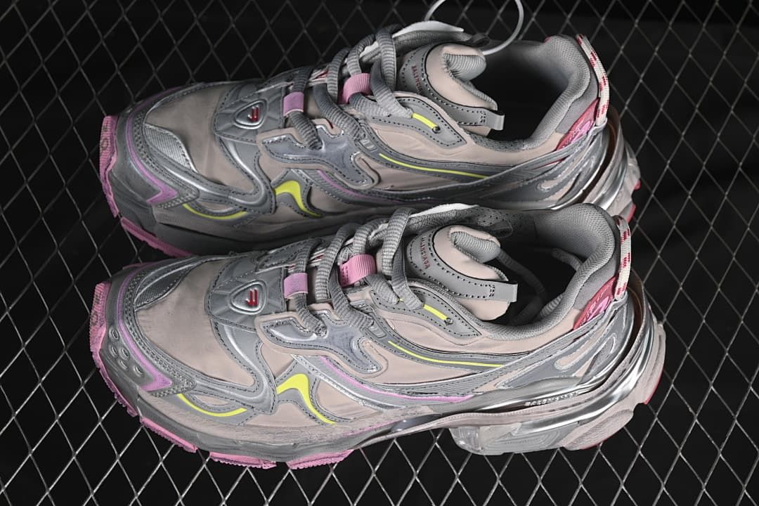 Pair of beige, gray, pink, and yellow Runner 2 Nylon sneakers viewed from above.