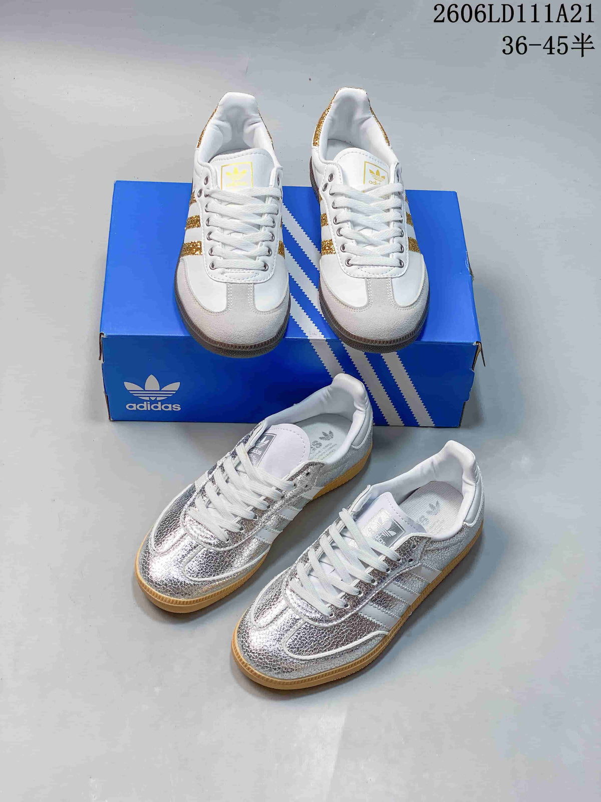White-and-gold and silver-toned low-top sneakers shown together