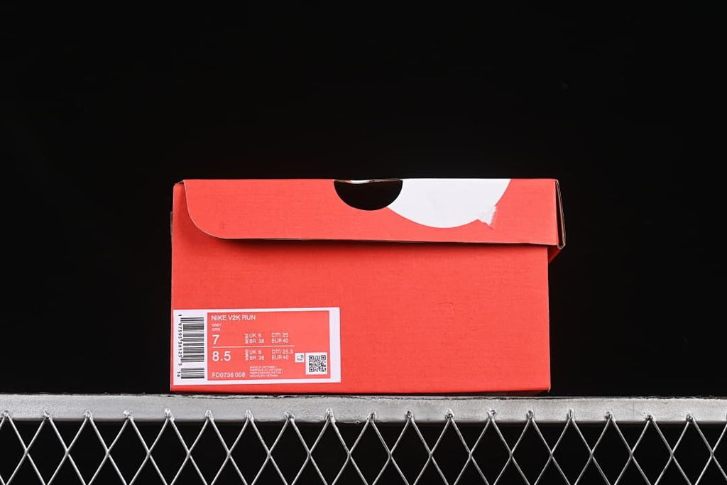 Shoe box label showing Nike V2K Run, style code FD0736-008, and sample sizes