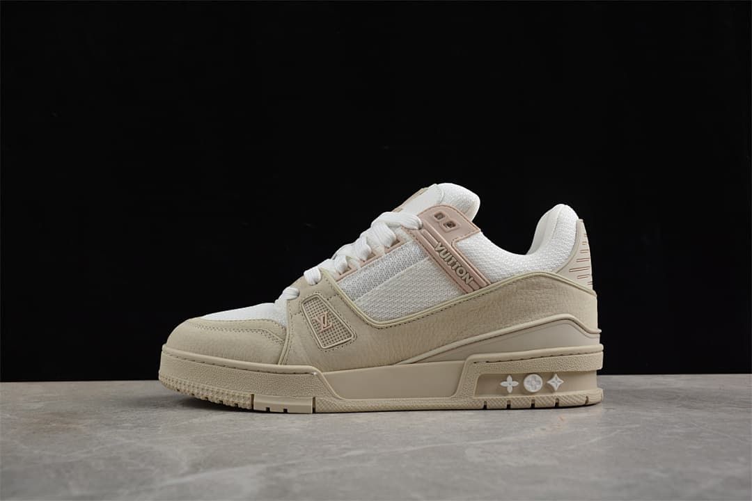 Opposite side profile of a beige and white Louis Vuitton Archlight sneaker.