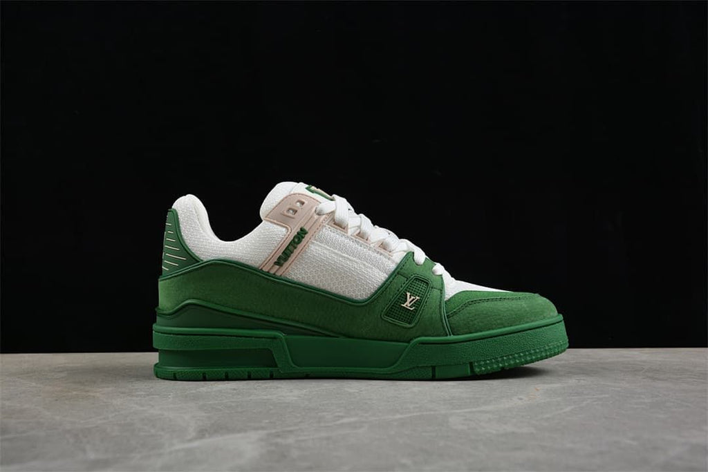 Side profile of the green and white sneaker