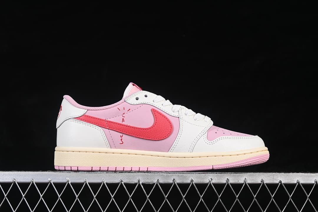 Side view showing pink panels, red Swoosh, and cream-colored midsole.