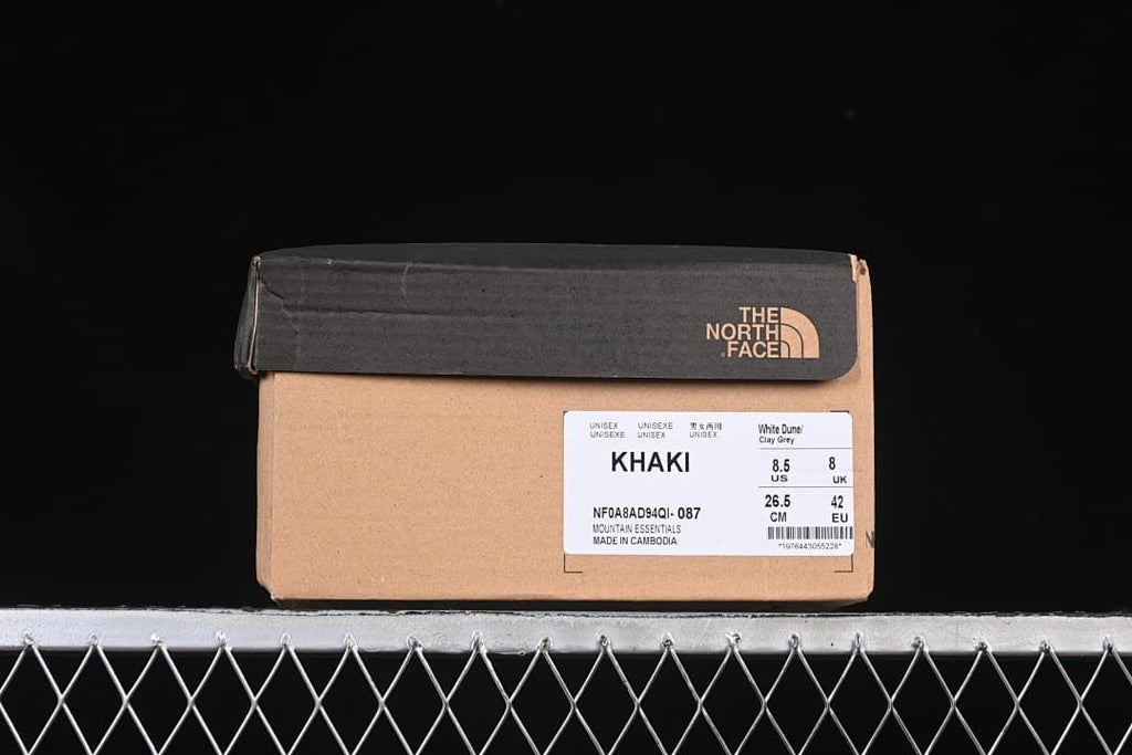 Shoe box label showing khaki color and size markings