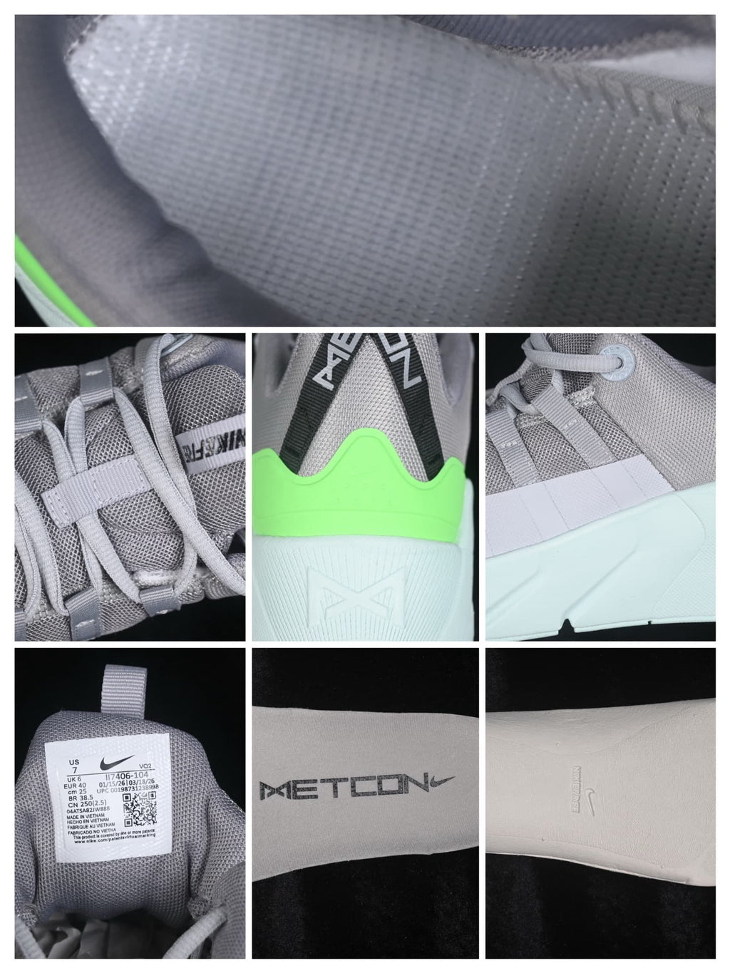 Close-up collage showing the mesh upper, lace details, bright green heel panel, Nike branding, and product label.
