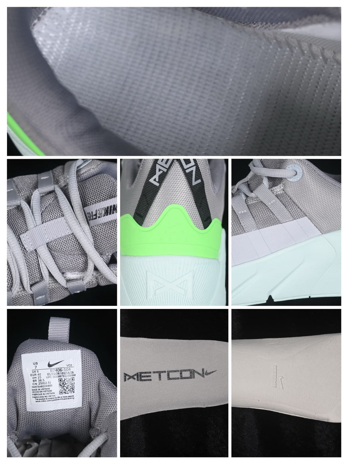 Close-up collage showing the mesh upper, lace details, bright green heel panel, Nike branding, and product label.