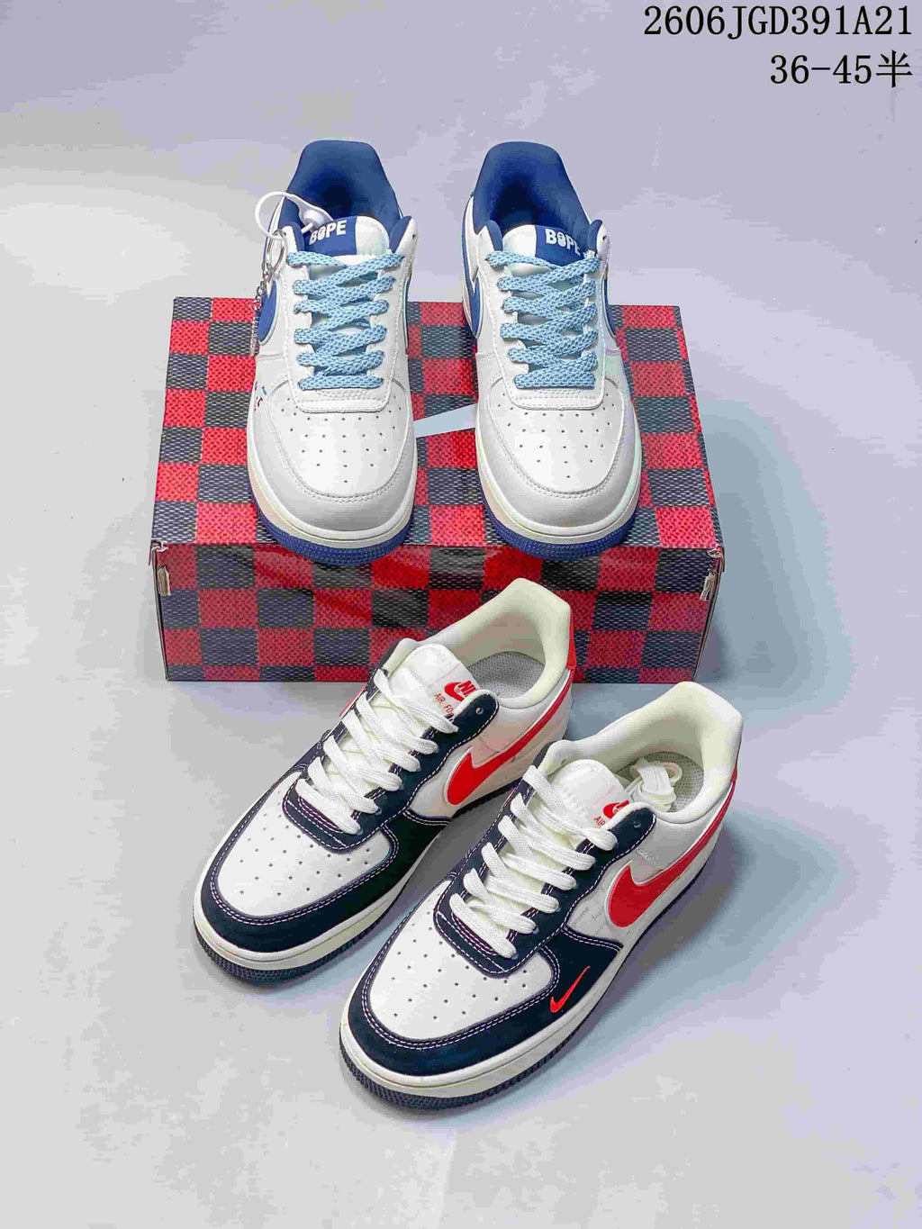 Two pictured colorways of low-top sneakers, including white with blue accents and white with navy and red.