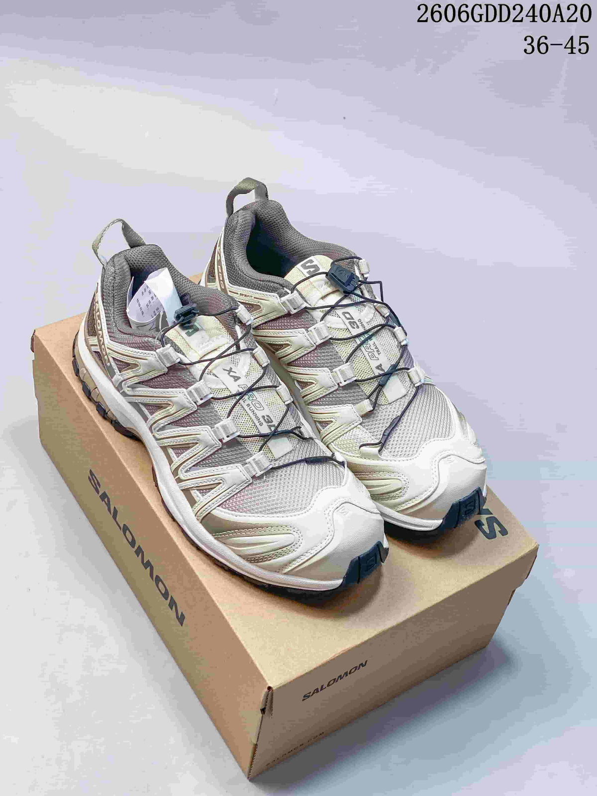 Pair of light cream and gray Salomon XA Pro 3D shoes displayed on a box.