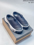 Pair of navy The North Face slip-on mules with white midsoles on a shoebox