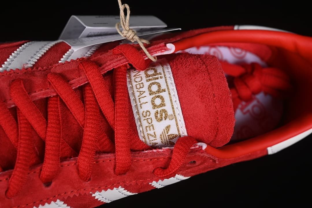 Top detail of the tongue, red laces and collar