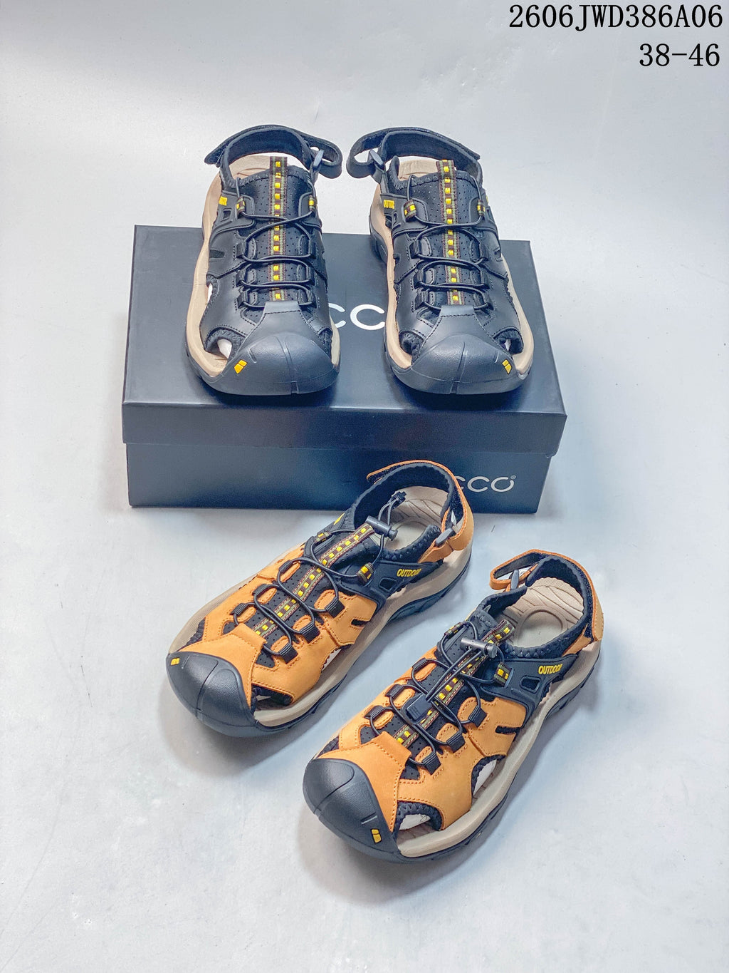 Dark gray and navy-orange ECCO closed-toe sandals shown together; image overlay states sizes 38–46.