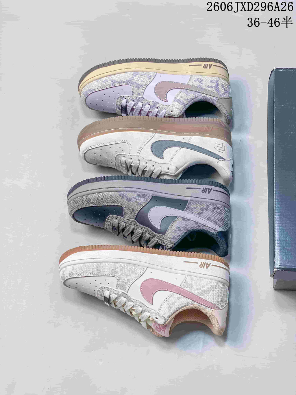 Four Nike Air Force 1 low-top colorways shown side by side