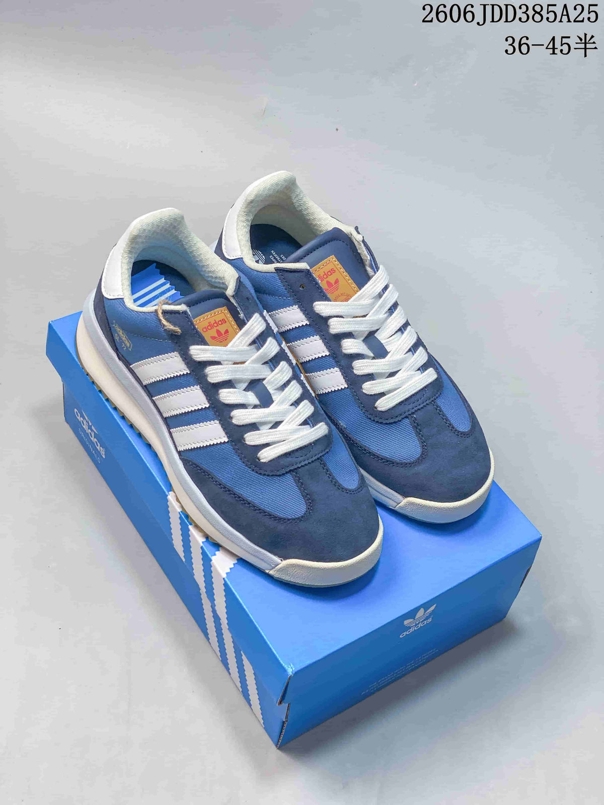 Blue and white adidas SL 72 sneakers shown on a blue shoebox; image overlay states sizes 36–45.