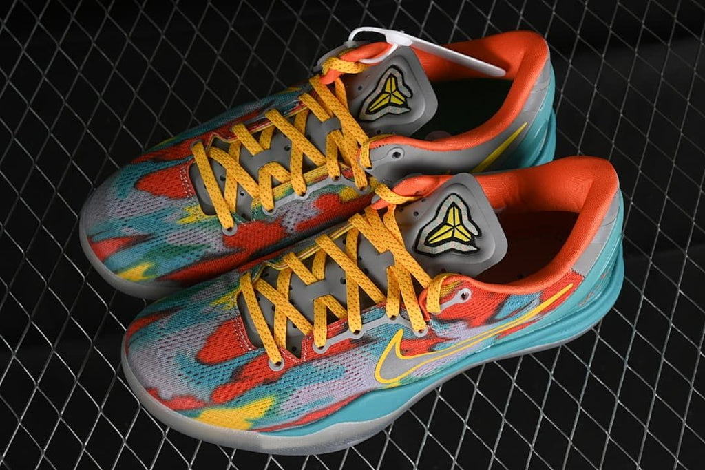 Pair of multicolor Kobe VIII Protro basketball shoes viewed from above