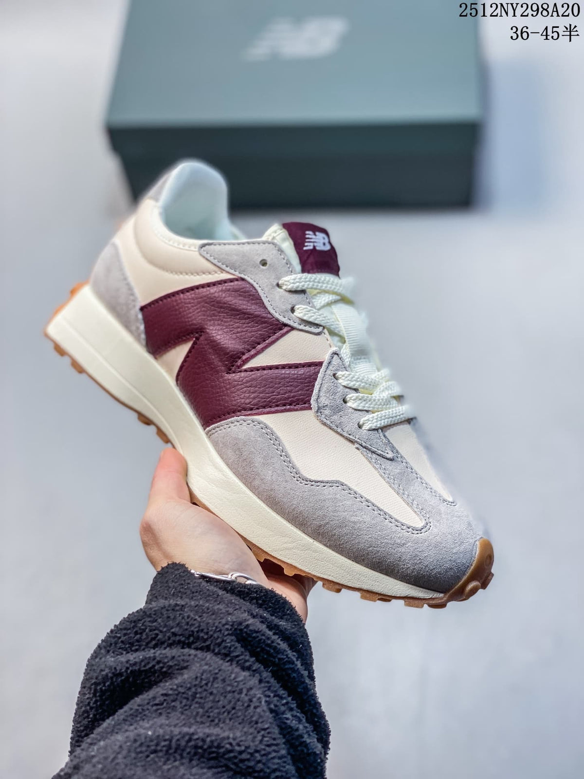 New Balance 327-style sneaker in gray, cream and burgundy
