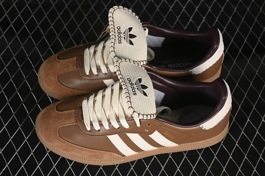 Pair of brown and cream sneakers viewed from above