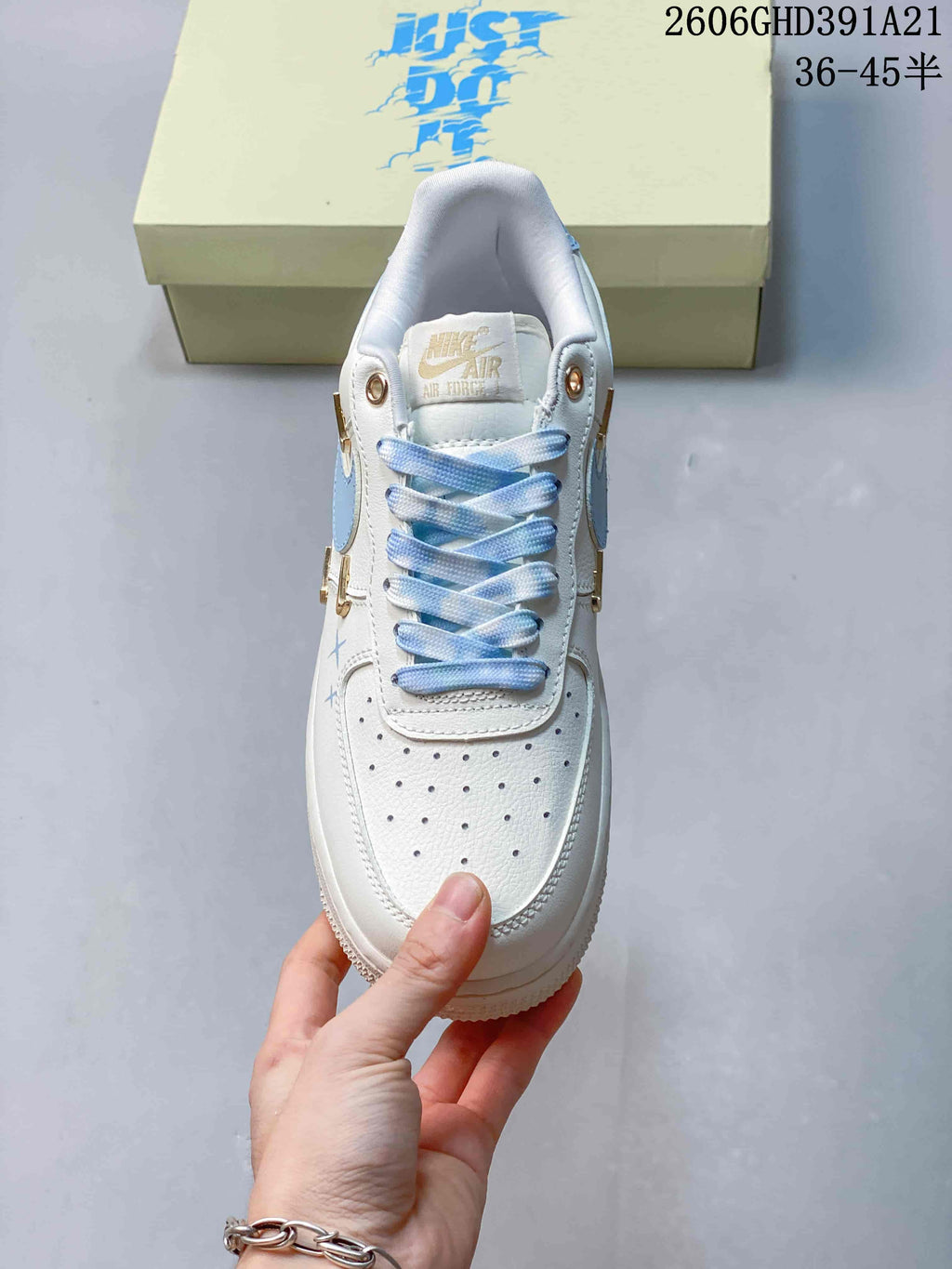 Top view showing the perforated toe and blue laces