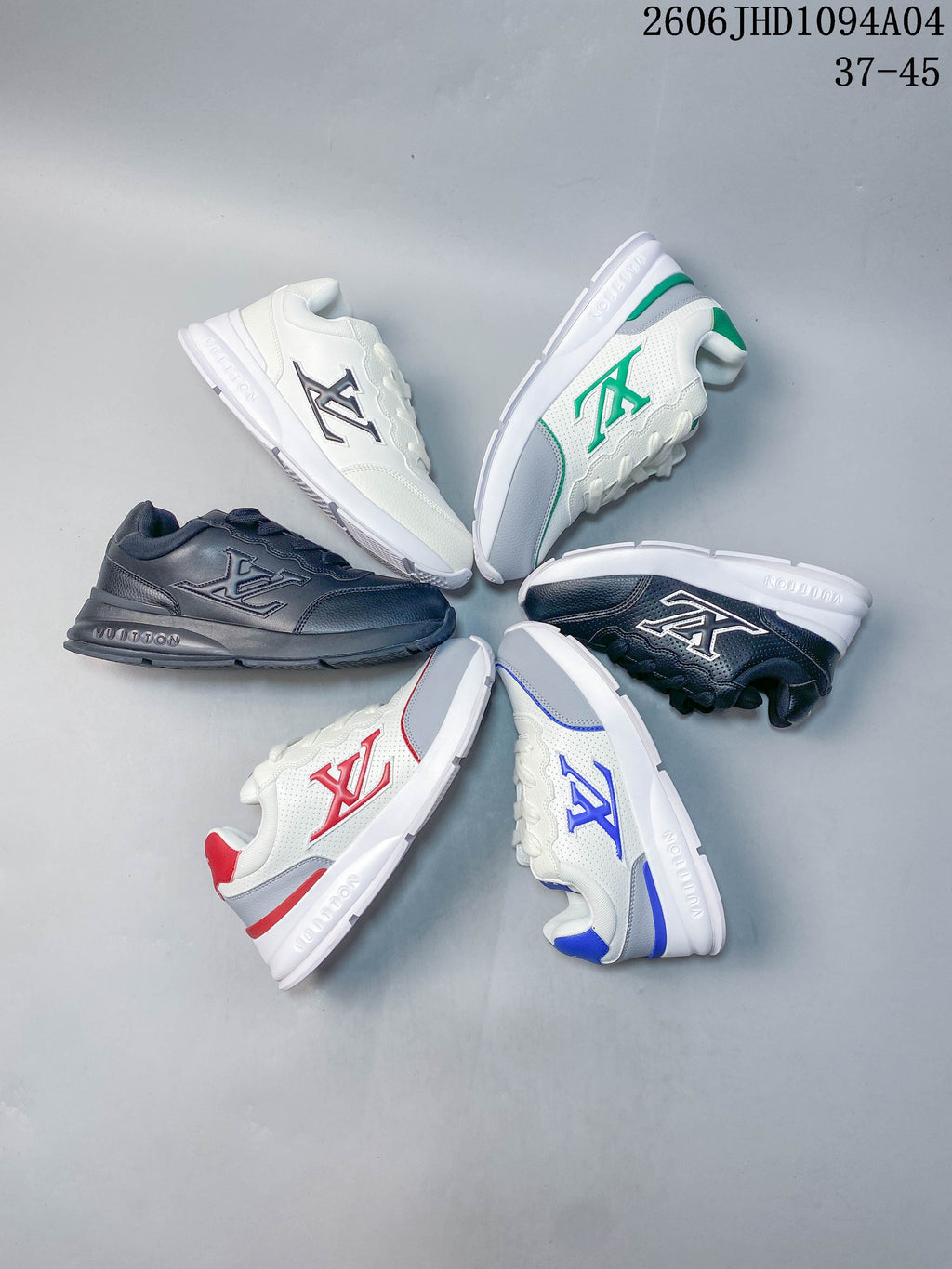 Group of Louis Vuitton Trainer low-top sneakers shown in several colorways
